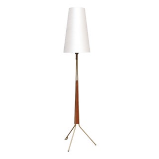 Brass and Teak Tripod Floor Lamp from Möllers Armatur Eskilstuna, Sweden, Late 1950s For Sale