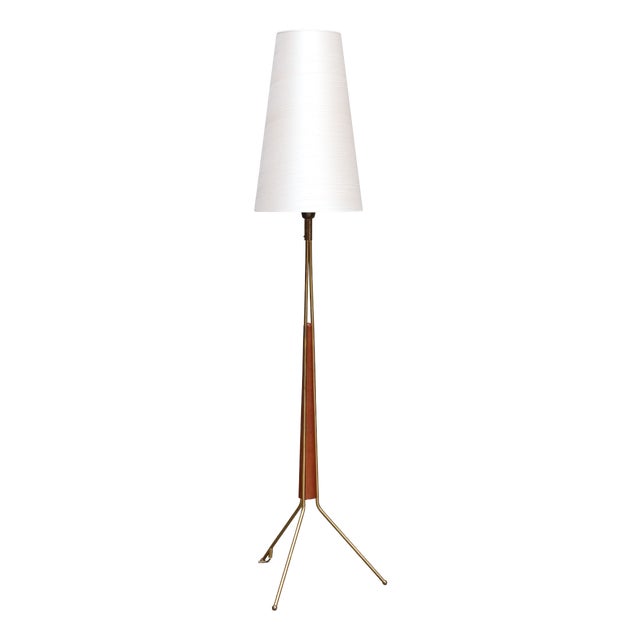 Brass and Teak Tripod Floor Lamp from Möllers Armatur Eskilstuna, Sweden, Late 1950s For Sale