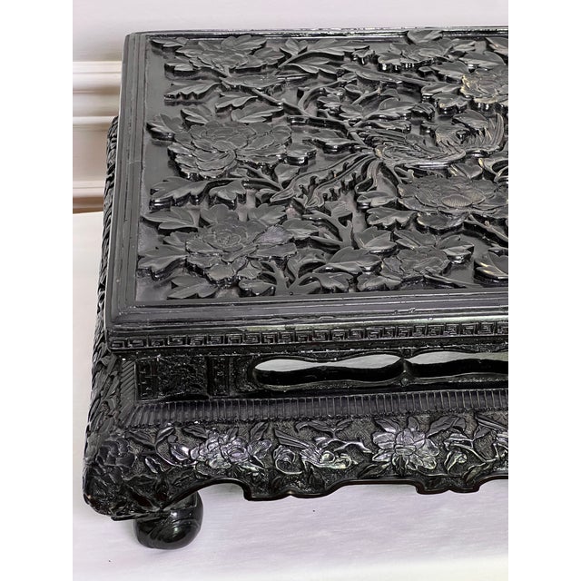 Chinese Black Lacquered Display Stand, Hardwood, Hand Carved, Rectangular, Early 20th C. For Sale - Image 9 of 18