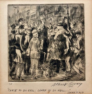 Albert Sway, New York Social Realist Etching Cease To Do Evil Learn To Do Well WPA Artist NYC