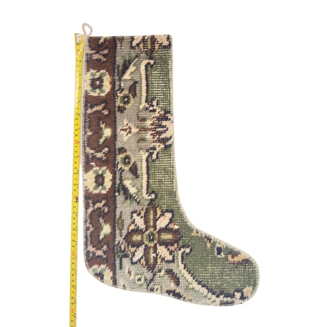 Ornate Vintage Kilim Christmas Stocking, Sage & Brown Floral Border, 11.8 X 17.7 in – One of a Kind Turkish Decor For Sale - Image 6 of 7