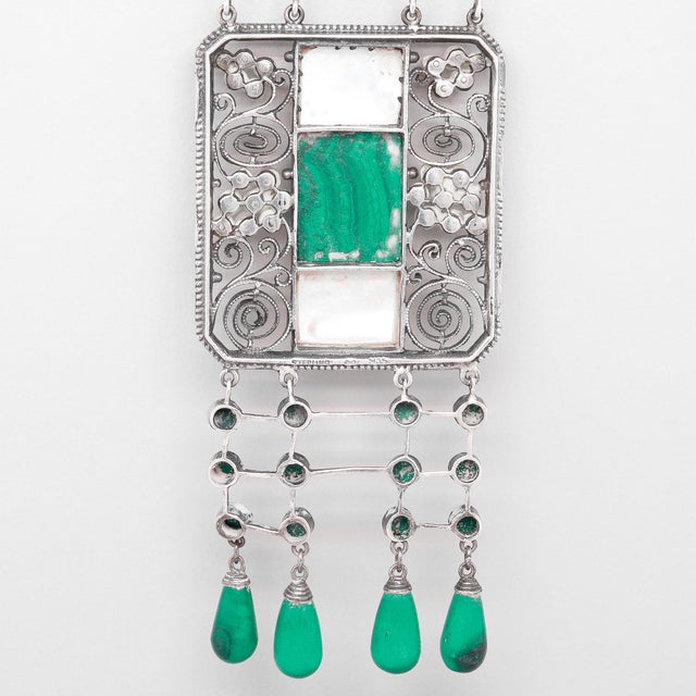 Antique Theodor Fahrner Sterling Silver, Malachite, & Pearl Jugendstil Necklace For Sale - Image 14 of 17