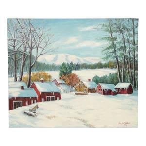 Ann Yost Whitesell 'The Red Barns' Winter Landscape Original Oil Painting