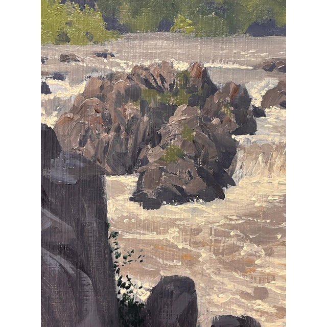 Potomac Falls by Diego Glazer | Oil on panel Landscape of rushing water and rocky riverbank. For Sale - Image 4 of 5