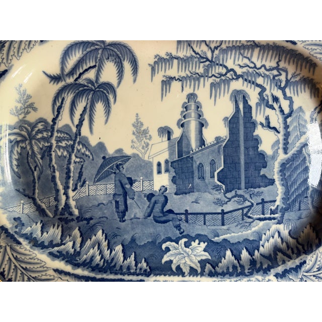 Large antique 19th century Davenport blue & white porcelain turkey platter with Chinoiserie decoration of figures in a...