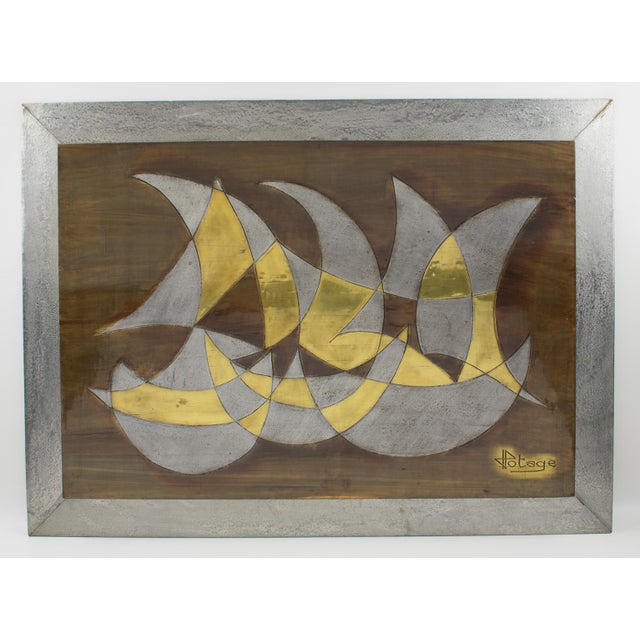 French artist Jacques Potage (1931 -) handcrafted this striking brutalist wall art sculpture. Mounted on a wood plank...