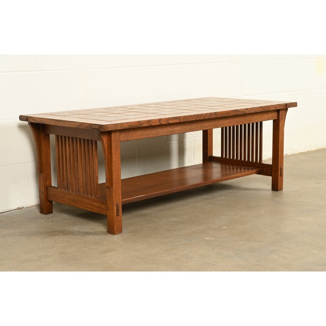 An exceptional Mission or Arts & Crafts style two-tier tile top spindle coffee table By L. & J.G. Stickley USA, 2004...