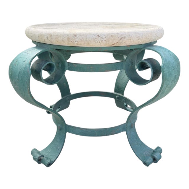 Vintage Hand-Painted Iron Petite Cocktail Table With Tessellated Travertine Top For Sale