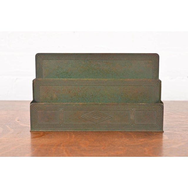A gorgeous antique bronze Graduate pattern desk letter rack or letter sorter with verdigris green patina By Tiffany...