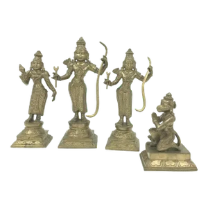 Mid Century 1950s Brass Bronze Metal Rama Hanuman Ramayana Vishnu Statue Vintage Chola Style South India - Set of 4