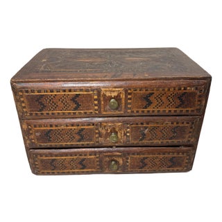 Antique 19th Century Handmade Wood Veneer Marquetry Jewelry Box Dresser Chest For Sale