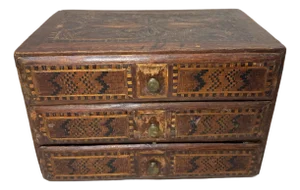 Antique 19th Century Handmade Wood Veneer Marquetry Jewelry Box Dresser Chest
