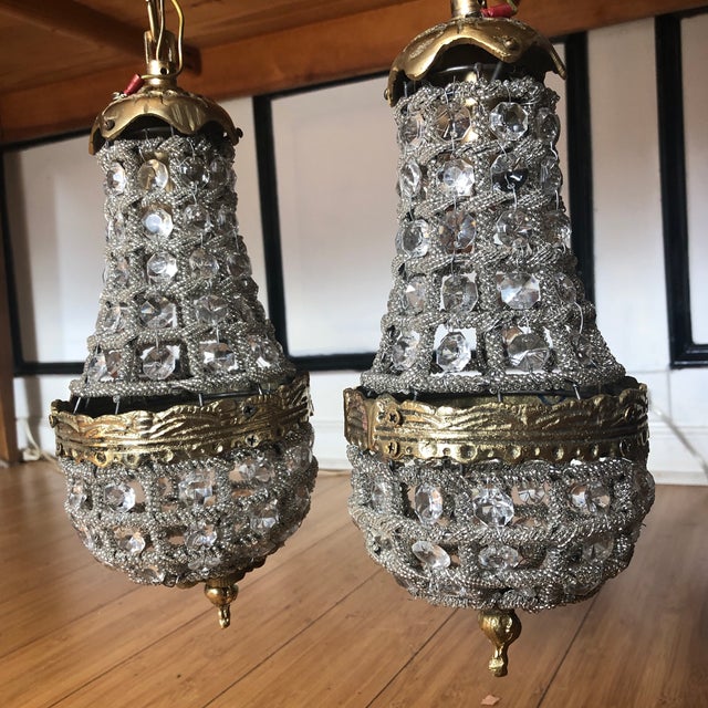 Contemporary Vintage Crystal and Brass Pendant Chandeliers For Sale - Image 3 of 7
