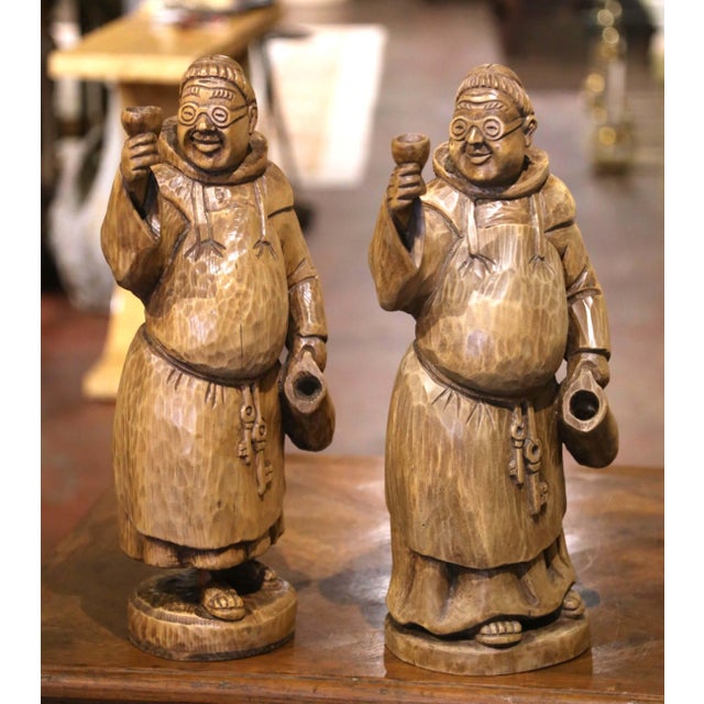 Wood Pair of 19th Century French Black Forest Carved Oak Monks With Goblets For Sale - Image 7 of 12