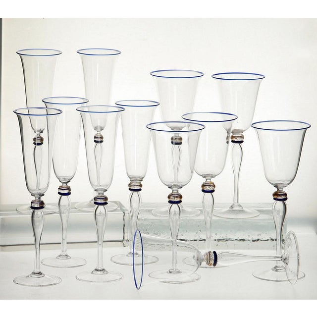 Stemmed Flute Glasses in Murano Glass with Cobalt and Gold Accents by Cenedese, 1980s, Set of 6 For Sale - Image 14 of 18