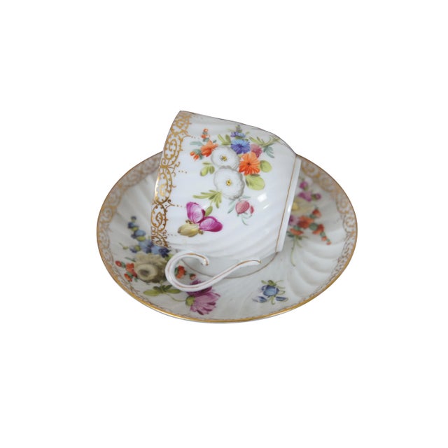 Victorian Antique Dresden Blue Crown Polychrome Porcelain Demitasse Saucer Flowers Gilding For Sale - Image 3 of 12