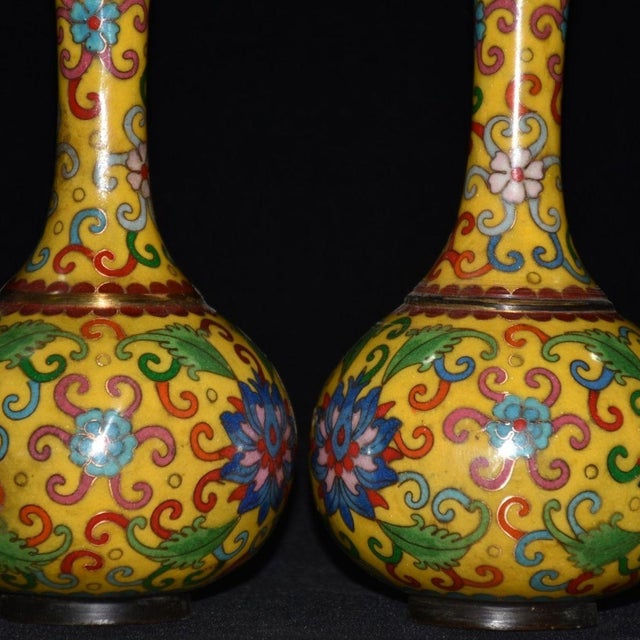 Metal Vintage Pair of Cloisonne Enamel Vases - Yellow Floral Motif - 22.5cm For Sale - Image 7 of 9