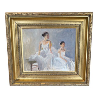 Large 36 X 32 Impressionist Ballerina Oil Painting in Ornate Gilt Frame For Sale