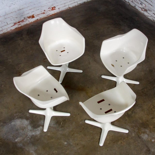 Mid-20th Century Mid Century Modern Burke Tulip Swivel No 116 Armchairs White Shell Black Cushions Set of 4 For Sale - Image 16 of 18
