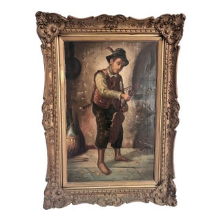 Antique European Oil Painting of Young Violinist in Ornate Carved Frame, Circa 1900 For Sale