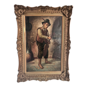 Antique European Oil Painting of Young Violinist in Ornate Carved Frame, Circa 1900