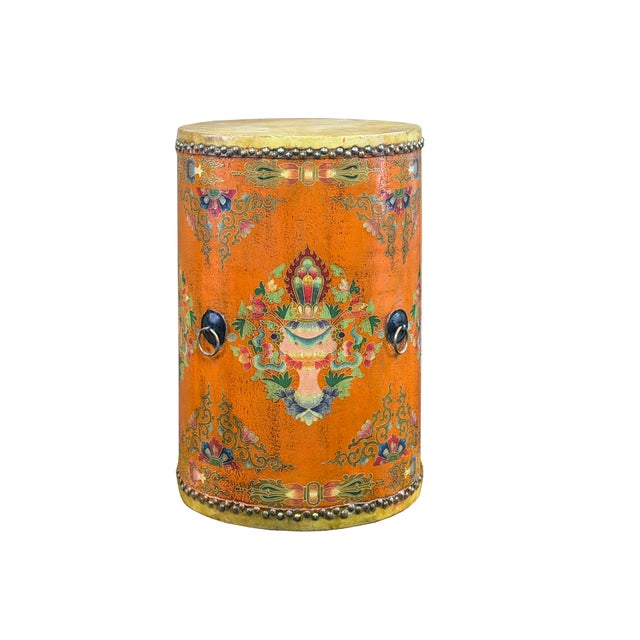 1990s Distressed Light Orange Tibetan Style Jewel Symbol Round Drum Table For Sale - Image 5 of 10