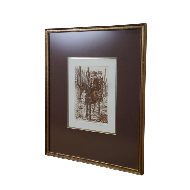 Vintage 1977 sepia tones engraving titled "How the West Was Won!" by Ronaldo Norden. Depicts the Marx Brothers riding a...