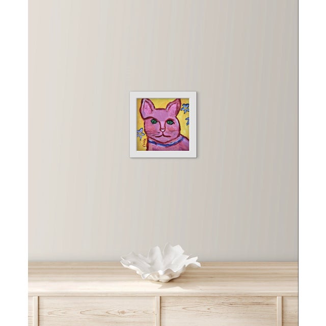 Pink Modern Narratives Collection — “Pink Cat With Green Eyes” (6″×6″, Original Oil on Wood) For Sale - Image 8 of 18