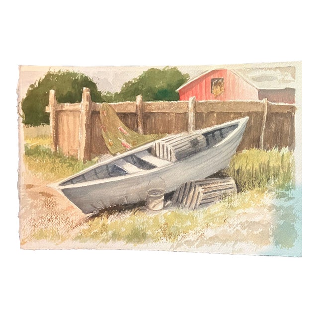 1980’s Original Rustic Coastal Rowboat Watercolor Painting For Sale