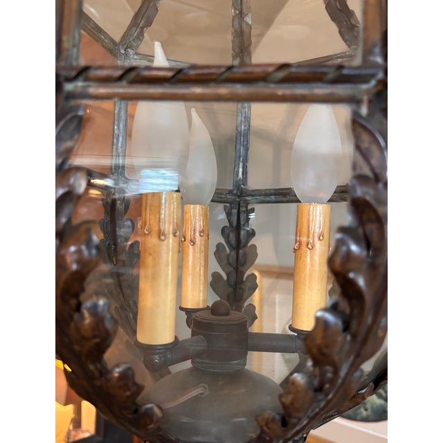 Antique Lantern-Shaped Ceiling Fixture With Three Arm Light Source Within For Sale - Image 9 of 11