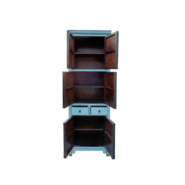 Abstract Distressed Turquoise Aqua Blue Tall Slim Shelves Drawers Storage Cabinet For Sale - Image 3 of 5