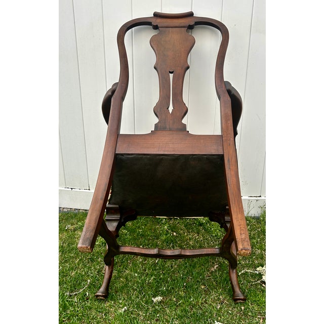 Antique Carved Walnut Queen Anne Style High Back Arm Chair W/Stretcher Base For Sale - Image 13 of 13