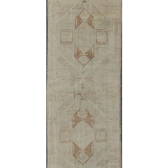Vintage Oushak Turkish Runner With Ivory, Taupe and Light Brown and Faint Green For Sale - Image 4 of 6