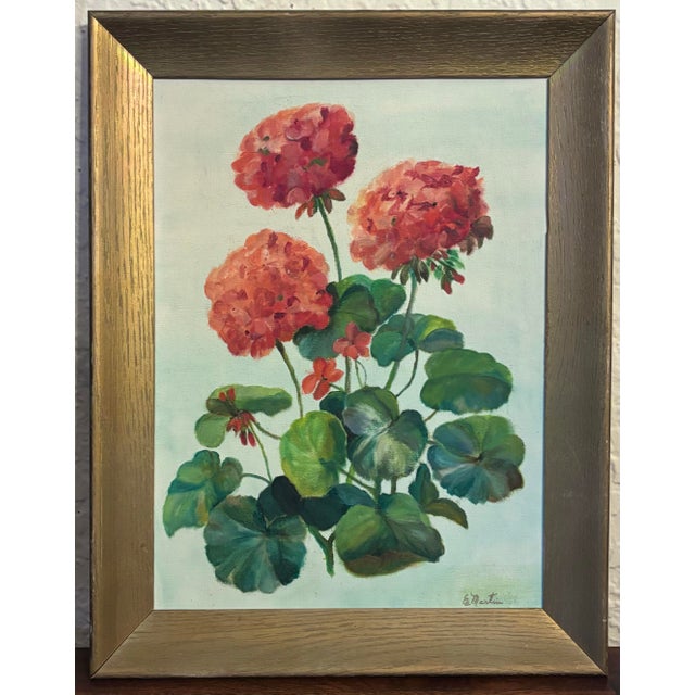 Signed Midcentury Geranium Painting, Framed For Sale - Image 9 of 9