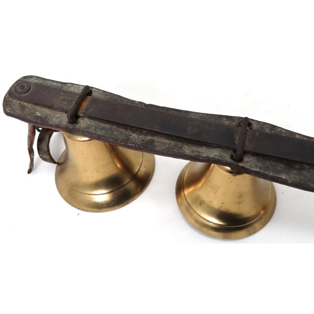 Late 19th Century Nice Original Set of 3 Antique American Leather & Brass Horse Drawn Snow Sleigh & Buggy Bells For Sale - Image 5 of 13