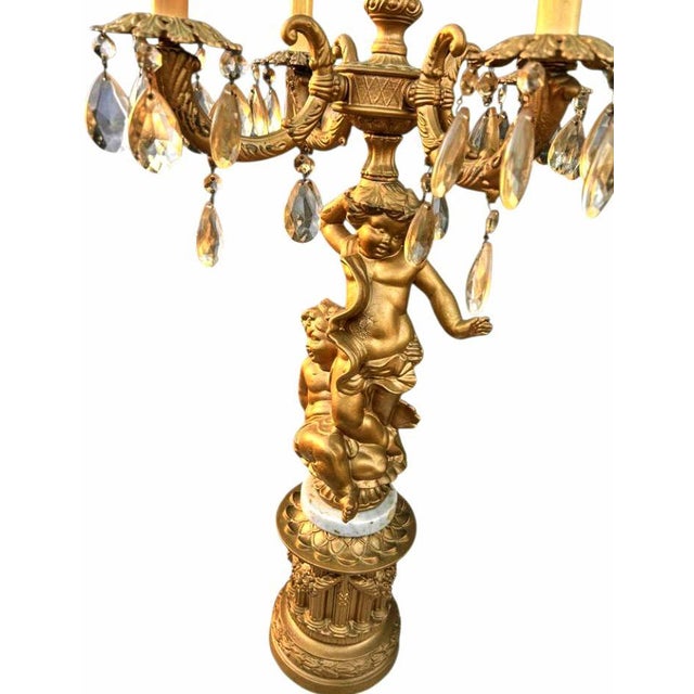 Rare Vintage Hollywood Regency Figural Cherub Candelabra Floor Lamp With Integrated Marble Table Available Now at Vintage Royale Usa. For Sale - Image 4 of 7