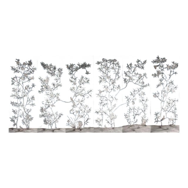 Navy Blue Chinoiserie Floral Mural | 6-Panel Hand-Painted Wallpaper For Sale