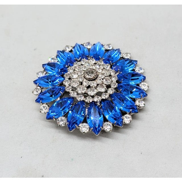 1960s rhodium plated prong set marquise faux-sapphires with round clear rhinestones brooch security clasp. Marked "Hobé"...
