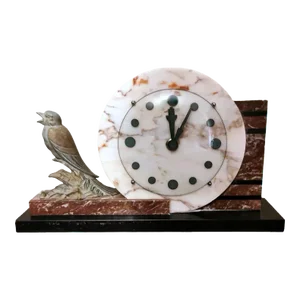 1930s Art Deco French Marble Clock and Bronzed Metal Bird