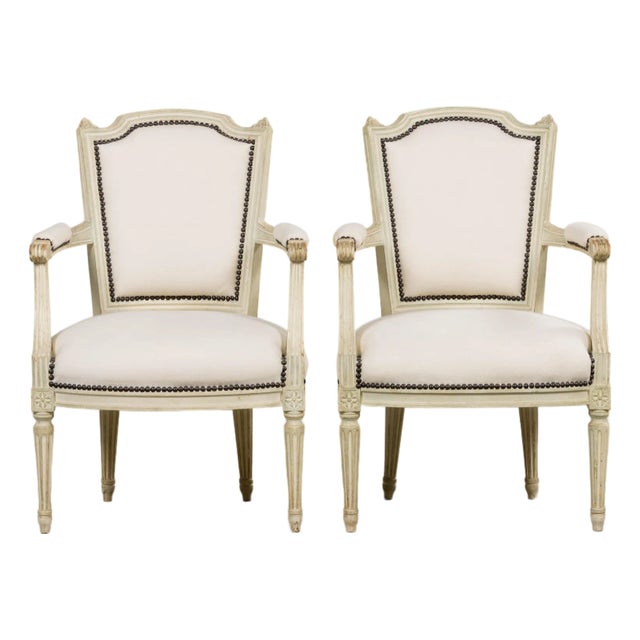 Antique French Louis XVI Painted Armchairs in Off-White Wool - A Pair For Sale