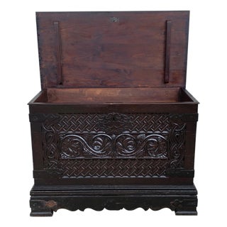 Mid 19th Century Spanish Baroque Walnut Trunk with Handcarved Decoration For Sale