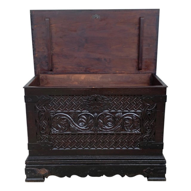 Mid 19th Century Spanish Baroque Walnut Trunk with Handcarved Decoration For Sale