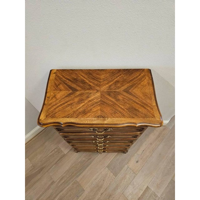 Vintage French Provincial Louis XV Style Walnut Oak Parquetry Semainier For Sale - Image 4 of 13