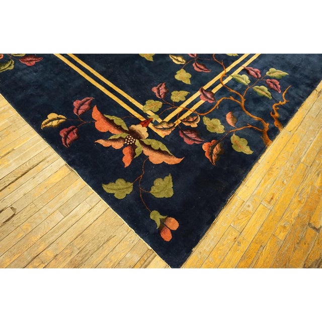1920s Navy Blue Green Floral Antique Chinese Art Deco Carpet 11'9" X 14'9'' Rug For Sale - Image 4 of 10