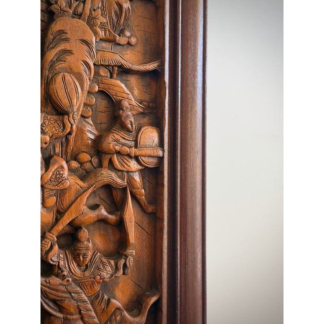 Striking Vintage Chinese Teak Relief Carving Wall Panel Chinoiserie Hollywood Regency Asian Wall Sculpture For Sale - Image 10 of 12