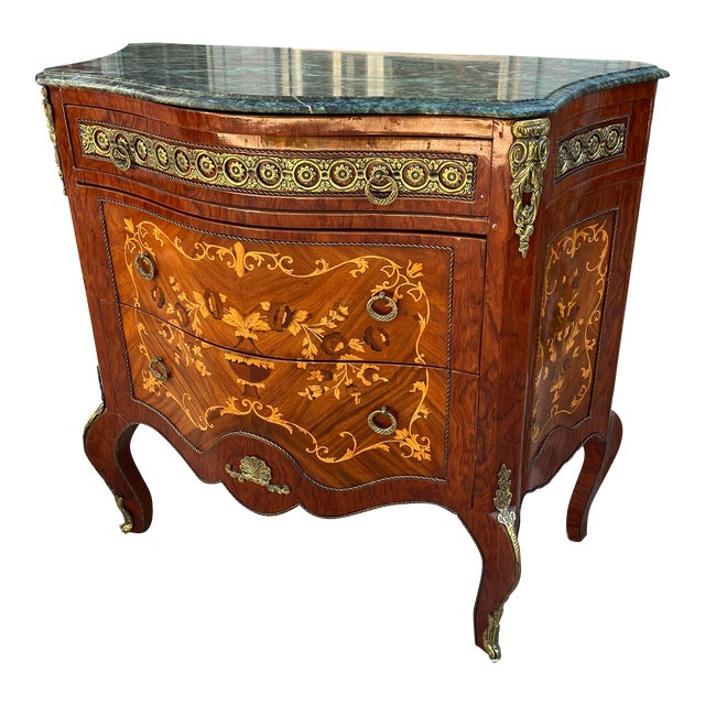 Louis XV Marquetry Cabinet Chest of Drawers With Brass Ormolu- Green Marble Top For Sale
