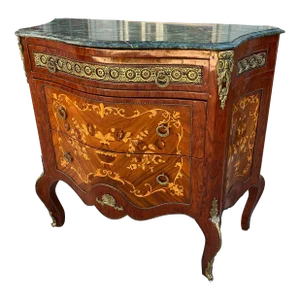 Louis XV Marquetry Cabinet Chest of Drawers With Brass Ormolu- Green Marble Top