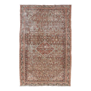Antique Persian Fine Farahan Rug With Medallion in Brown, Red and Light Blue For Sale