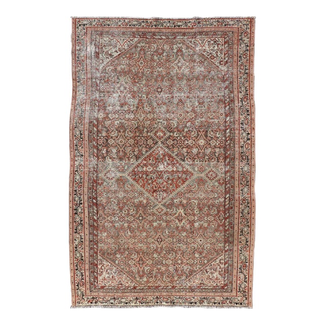 Antique Persian Fine Farahan Rug With Medallion in Brown, Red and Light Blue For Sale