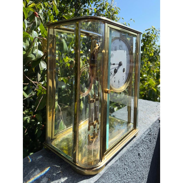 Metal Antique French Art Deco Crystal Regulator Mantel Clock With Curved Glass For Sale - Image 7 of 12